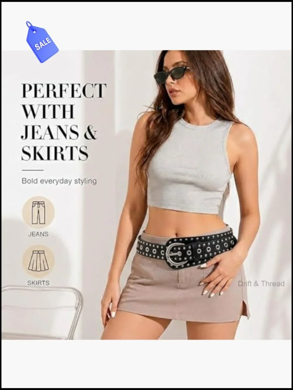 Y2K Studded Belt Chunky Punk Goth Emo Belt for Jeans